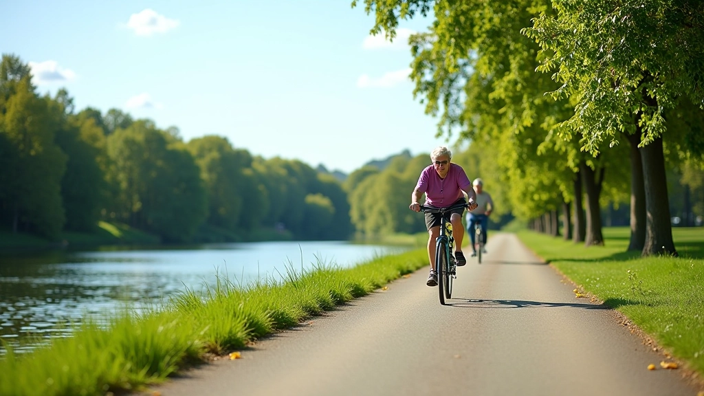 Senior cyclists riding along a peaceful river path