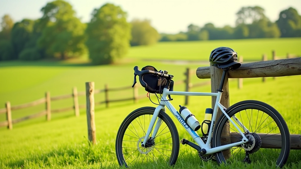 Bicycle resting against wooden fence with water bottle in cage, cycling helmet on seat, peaceful rural background with trees