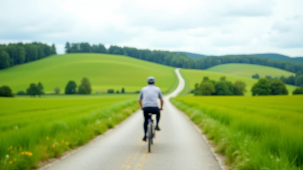 Cyclist riding through open meadow landscape with distant views and rolling terrain