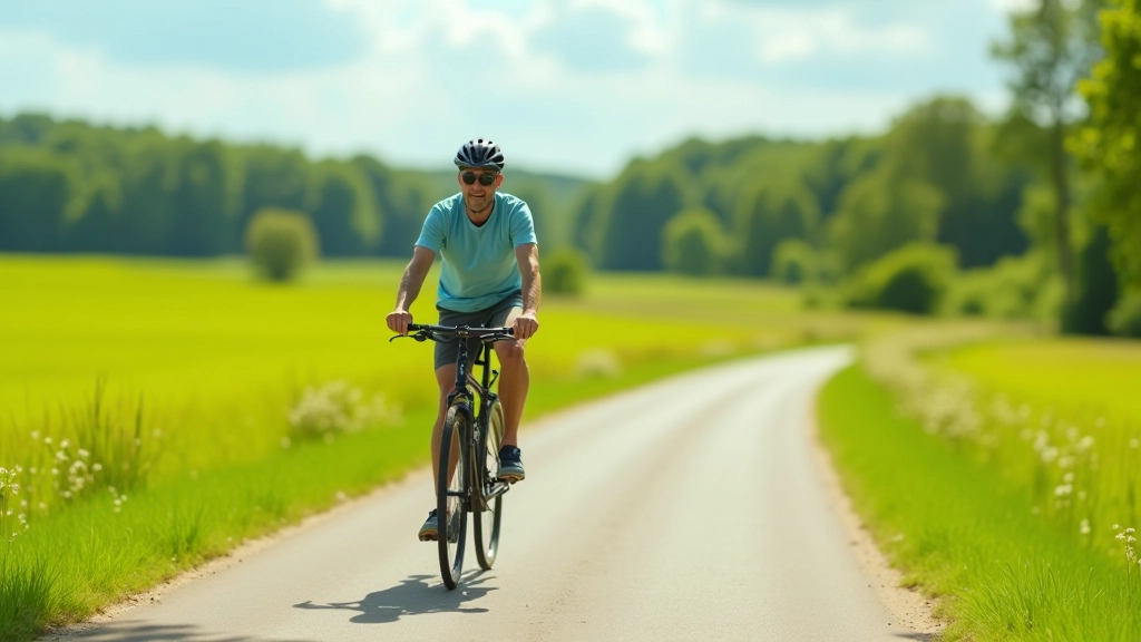 Cyclist riding on paved path through open meadow landscape with green fields and forest line in distance, sunny day