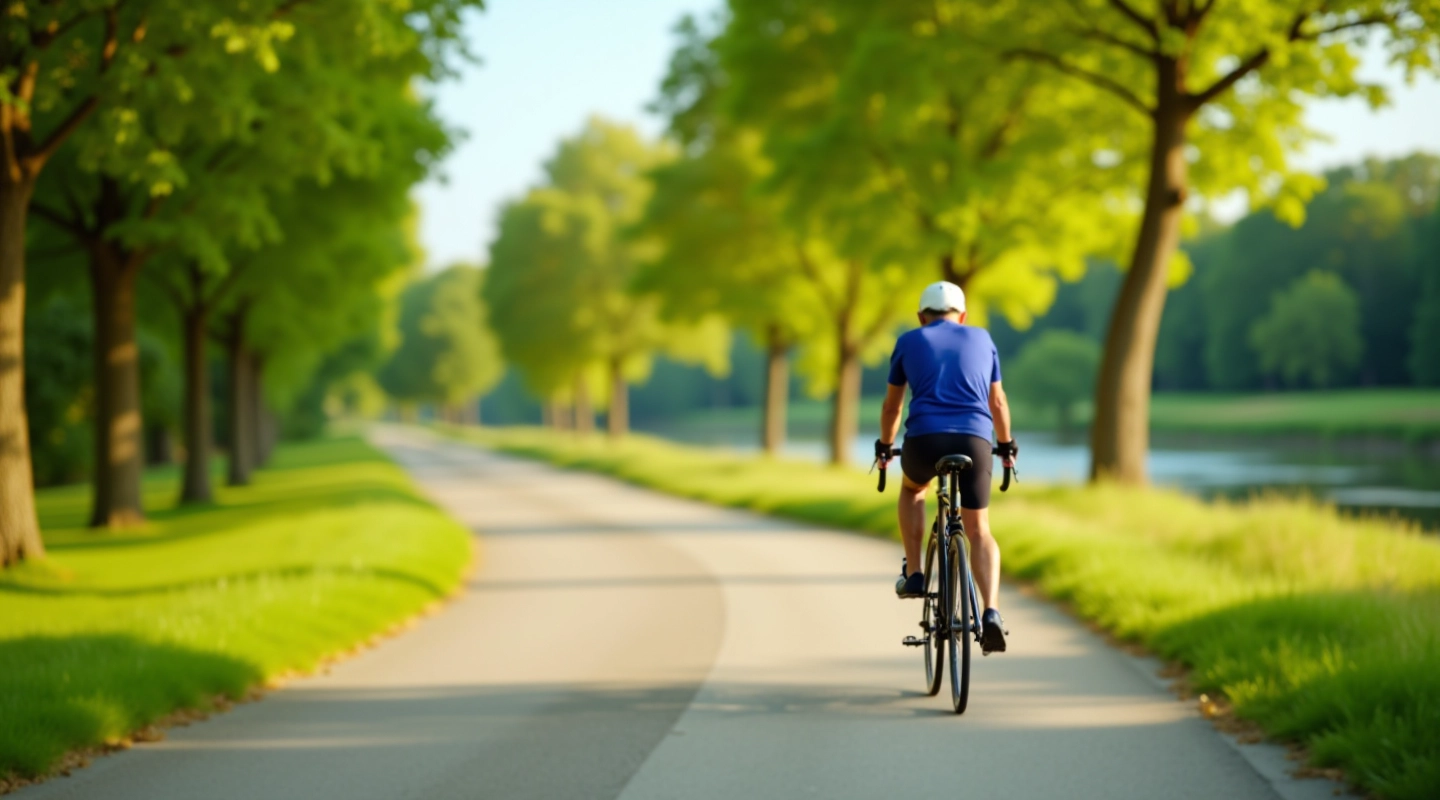 Cyclist riding on a paved path with green trees and river visible in the background on a sunny day