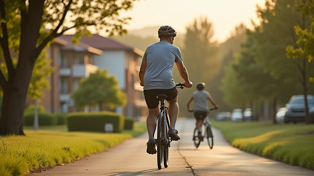 Cyclist dismounting from bike at the end of the path with resort buildings visible in the background