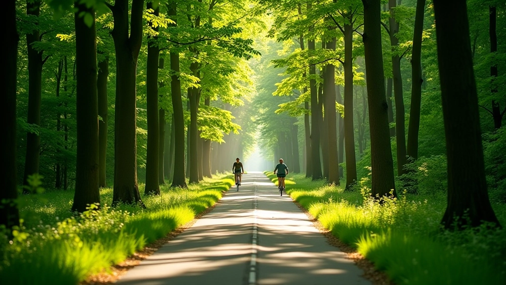 Forest cycling path with tall trees creating natural canopy overhead, dappled sunlight filtering through leaves, peaceful quiet setting