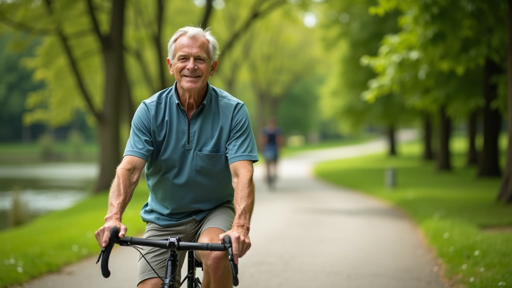 Cyclist riding on smooth paved path with park surroundings, water visible, residential buildings in distance