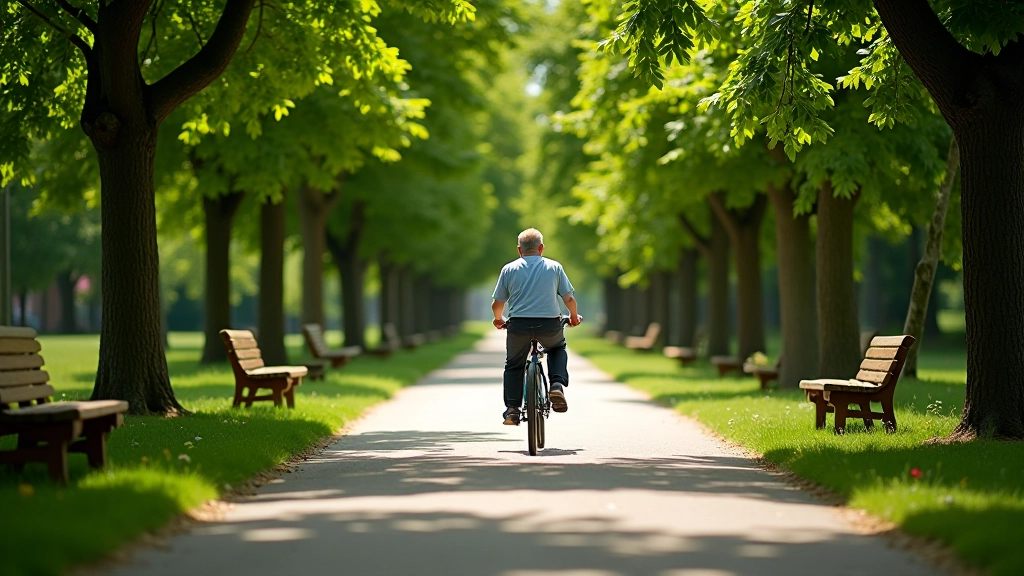 Well-maintained paved cycling path with park benches, surrounding trees providing shade, peaceful park setting