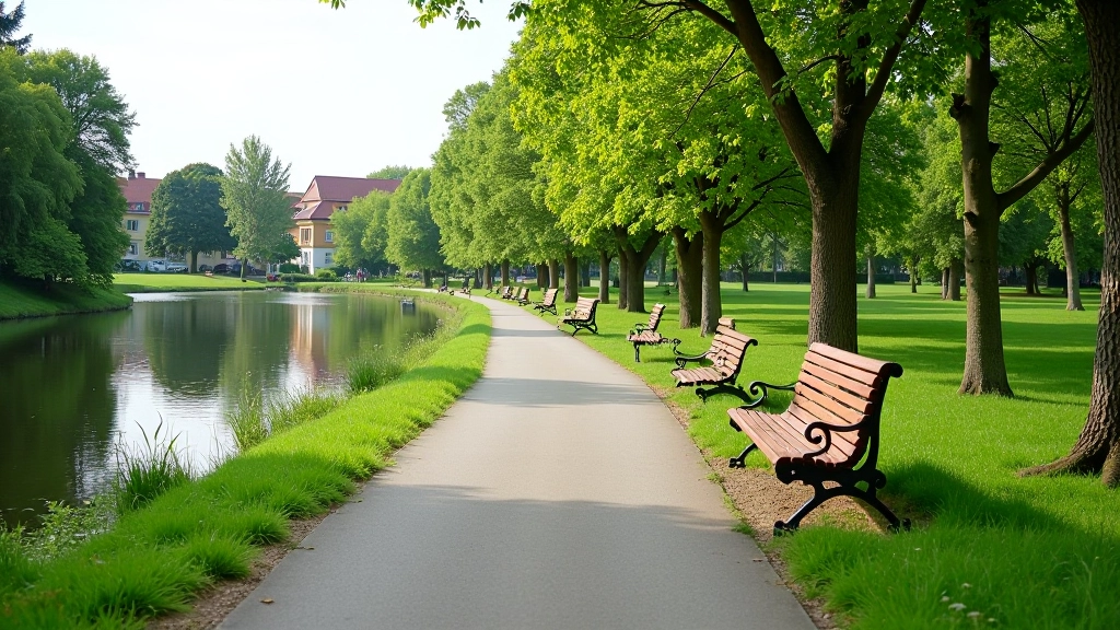 Paved cycling path alongside calm river water with park benches and grass areas on one side, residential buildings in the distance