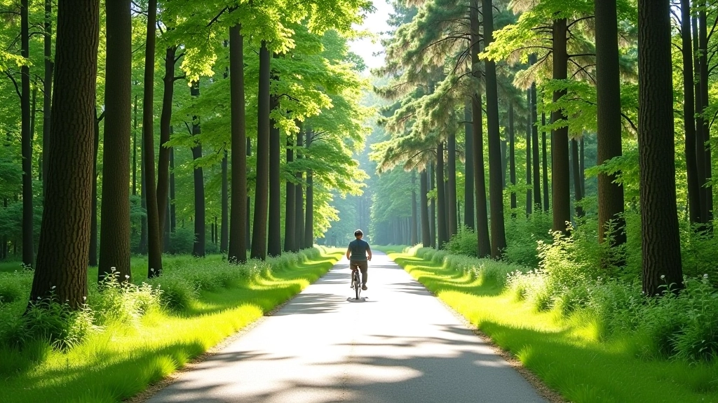 Forest path with dappled sunlight filtering through tall pine and birch trees, flat cycling terrain visible ahead