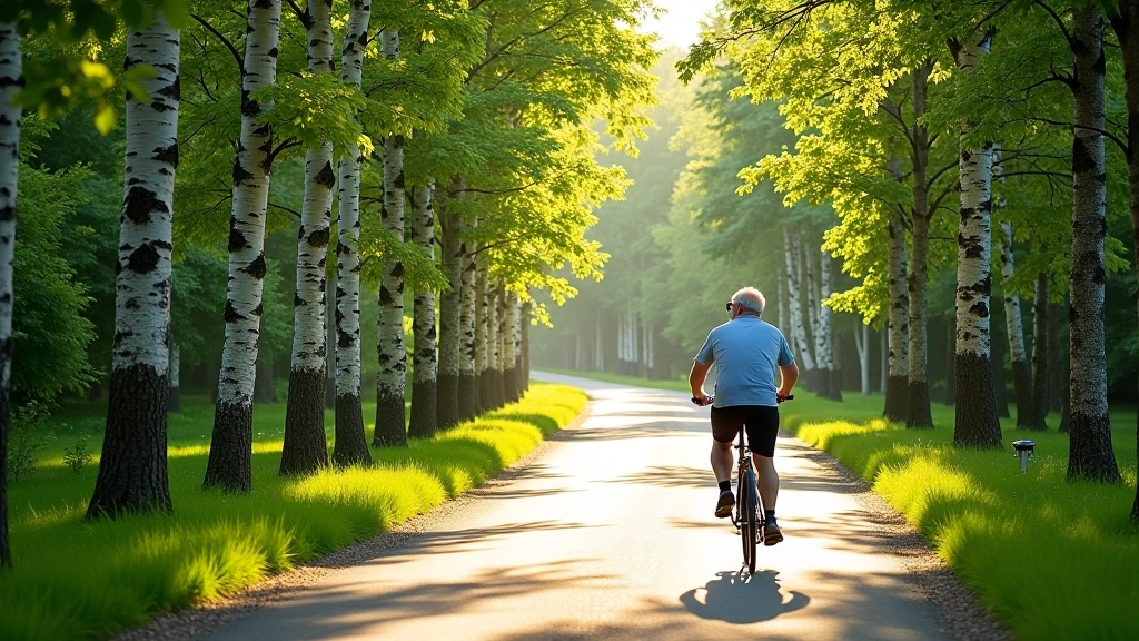 Shaded forest cycling path with dappled sunlight on smooth pavement, birch trees lining both sides, peaceful woodland setting