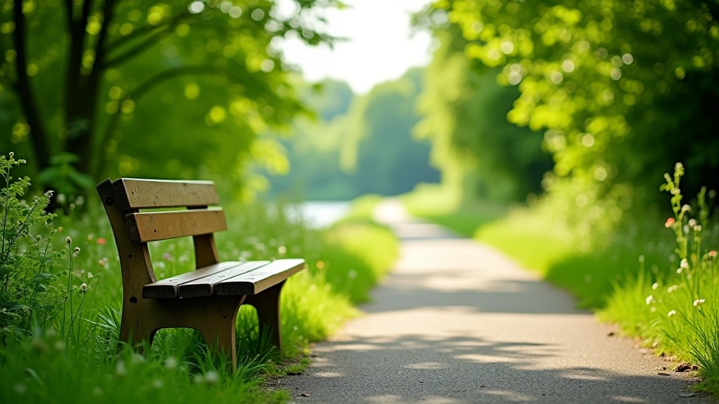 Wooden rest bench on a cycling path overlooking the river with lush green vegetation
